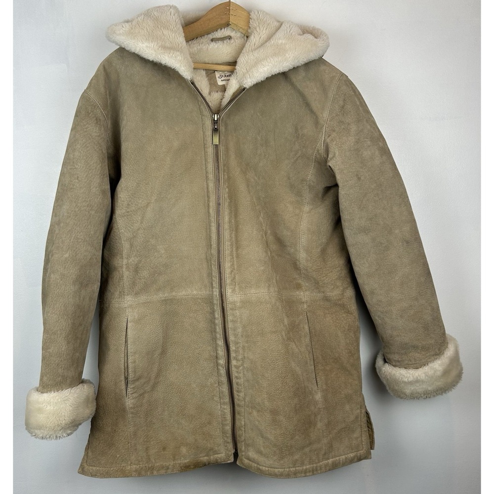 St Johns Bay Coat Womens Small Washable Suede Leather Faux Fur Lining Hood Read